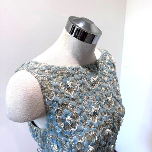 Royal Cathay Vintage Powder Blue Knit Floral Sequin Beaded Dress Size Small - Picture 3 of 9